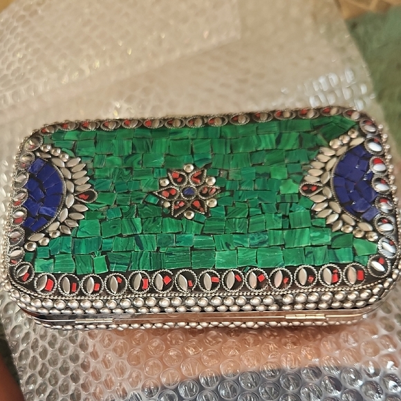 Mosaic Trinket Box Purse with Green and Blue Design